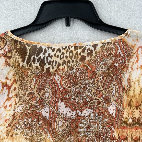 Chicos Tunic Top Women XL Asymmetrical Hem 3/4 Sleeve Leopard Roll‎ Tab Chiffon - Picture 9 of 16